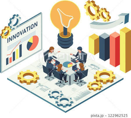 Isometric Innovation Hub with Innovators in Collaborative Workspace Isometric Innovation Hub with Innovators in Collaborative Workspace 122962525