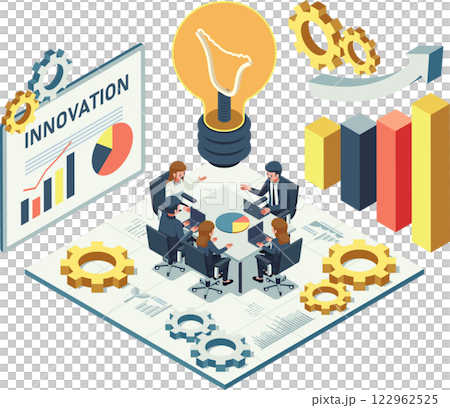 Isometric Innovation Hub with Innovators in Collaborative Workspace Isometric Innovation Hub with Innovators in Collaborative Workspace 122962525