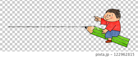 Boy riding a pencil Copy space Boy riding a pencil Copy space 122962815