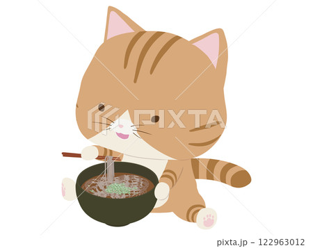 蕎麦を食べる笑顔の茶トラ猫 122963012