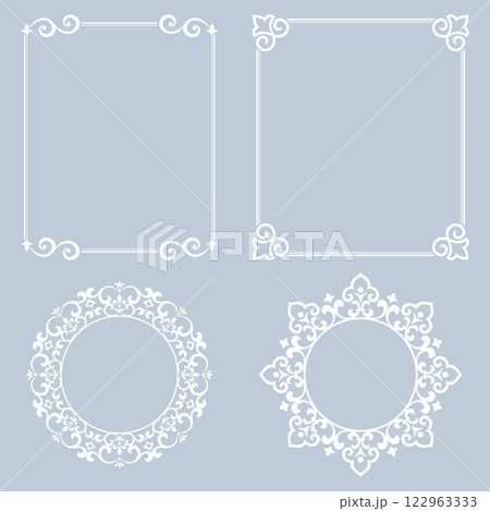 Set of decorative frames Elegant vector element for design in Eastern style, place for text. Floral gray and white borders. Lace illustration for invitations and greeting cards 122963333