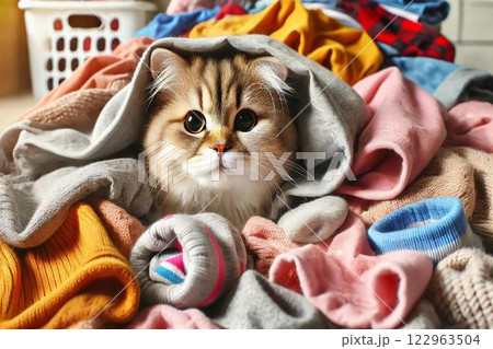 洗濯物の中から顔を出す猫 洗濯物の中から顔を出す猫 122963504