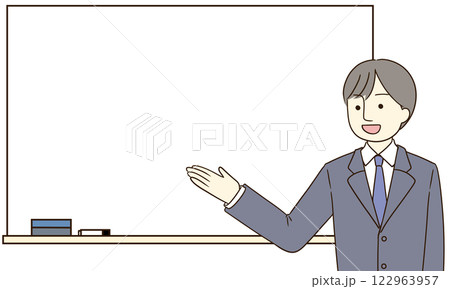 ホワイトボードを手で指して説明するスーツ姿の男性 122963957