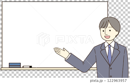 ホワイトボードを手で指して説明するスーツ姿の男性 122963957