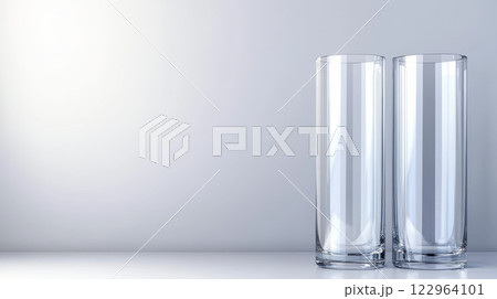 Minimalist glass cylinders reflecting soft light on smooth surface Minimalist glass cylinders reflecting soft light on smooth surface 122964101