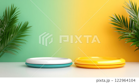 Minimalist design with colorful plates and tropical leaves on vibrant background Minimalist design with colorful plates and tropical leaves on vibrant background 122964104