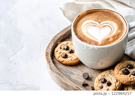 Chocolate chip cookies accompany a latte featuring heart-shaped art, served on a wooden tray Chocolate chip cookies accompany a latte featuring heart-shaped art, served on a wooden tray 122964257