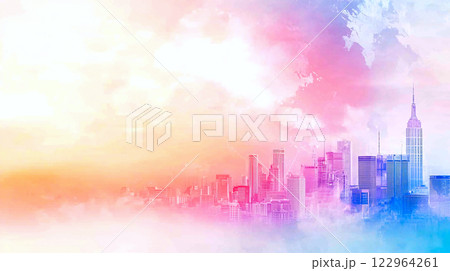 In bright blue and orange tones, an abstract city skyline merges with global network nodes 122964261