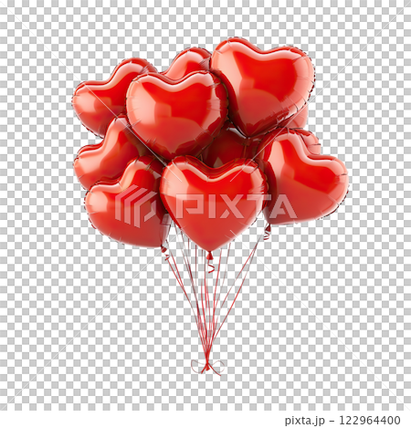 AI-generated item. Red heart shaped balloons on a transparent background. 122964400