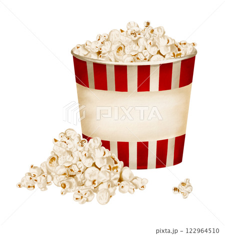 container with popcorn. Large paper glass with red stripes. Lots of popcorn in a glass. Watercolor illustration isolated from background. Classic retro style. Snack in a bowl. Movie party. container with popcorn. Large paper glass with red stripes. Lots of popcorn in a glass. Watercolor illustration isolated from background. Classic retro style. Snack in a bowl. Movie party. 122964510