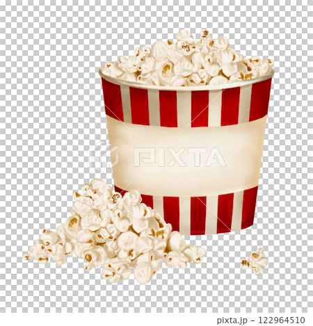 container with popcorn. Large paper glass with red stripes. Lots of popcorn in a glass. Watercolor illustration isolated from background. Classic retro style. Snack in a bowl. Movie party. container with popcorn. Large paper glass with red stripes. Lots of popcorn in a glass. Watercolor illustration isolated from background. Classic retro style. Snack in a bowl. Movie party. 122964510