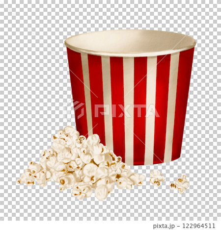 empty popcorn containerLarge paper glass with red stripes. Lots of popcorn Watercolor illustration isolated from background. Classic retro style. Snack in a bowl. Movie party.  122964511