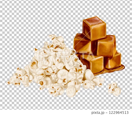 Popcorn with caramel. A pile of crispy corn and a big piece of caramel. Watercolor illustration without background. Realistic style. Appetizer, menu, party snack.  122964513