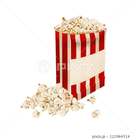 A bag of popcorn. Paper container with snack. Classic retro style for popcorn and cinema. Gold stripes. crispy salty snack. watercolor illustration isolated from background. A bag of popcorn. Paper container with snack. Classic retro style for popcorn and cinema. Gold stripes. crispy salty snack. watercolor illustration isolated from background. 122964514