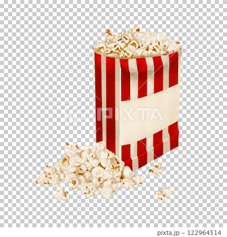 A bag of popcorn. Paper container with snack. Classic retro style for popcorn and cinema. Gold stripes. crispy salty snack. watercolor illustration isolated from background. A bag of popcorn. Paper container with snack. Classic retro style for popcorn and cinema. Gold stripes. crispy salty snack. watercolor illustration isolated from background. 122964514