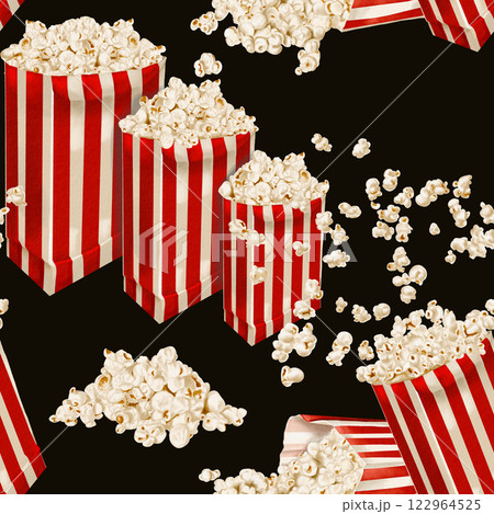 Popcorn pattern. Popcorn in a paper bag. Red stripes. Retro classic style. Watercolor illustration. Seamless pattern. black background. For printing on paper, textiles and fabric. Advertising. Popcorn pattern. Popcorn in a paper bag. Red stripes. Retro classic style. Watercolor illustration. Seamless pattern. black background. For printing on paper, textiles and fabric. Advertising. 122964525
