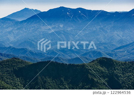 谷川岳山頂から見る初夏の至仏山と燧ヶ岳 122964536