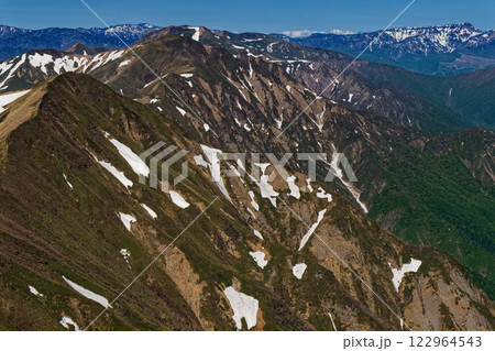 谷川岳・トマの耳から見る上越国境稜線と残雪の苗場山・白馬岳 122964543