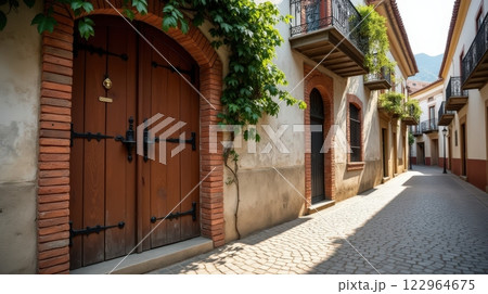 Rustic brown wooden door with traditional Argentine character in the street 122964675