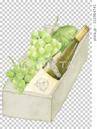 水彩で描いたぶどうと白ワインボトルの箱詰めセットのイラスト【手描き】白バック 透過背景 122964745