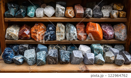 Diverse Collection of Colorful Natural Stones on Wooden Shelf Display 122964762