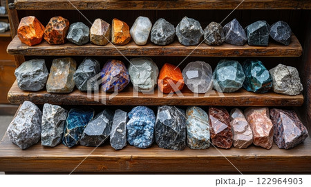 Colorful Collection of Natural Stones and Minerals Displayed on Shelves 122964903