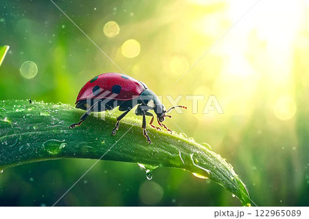Close-up of a ladybug on a leaf, vibrant red against green with dreamy bokeh and vivid contrast 122965089