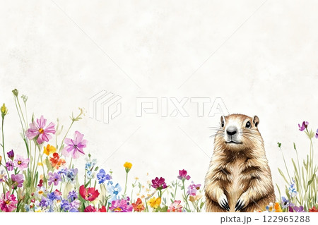 Groundhog resting in a vibrant patch of wildflowers surrounded by gentle, muted colors of nature 122965288