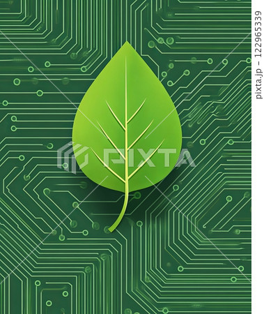 Green leaf emerging from a microchip on a circuit board highlighting the synergy of nature and technology Green leaf emerging from a microchip on a circuit board highlighting the synergy of nature and technology 122965339