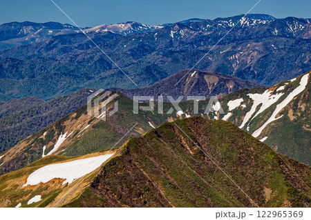 谷川岳・オキの耳から見る残雪の山並みと草津白根山 122965369