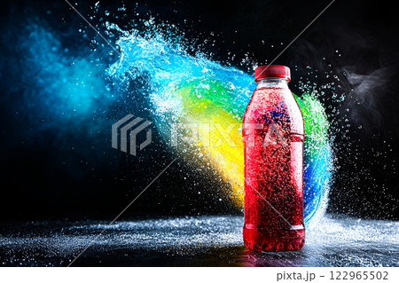 Bottle of sports drink emitting energy waves, surrounded by vibrant colors, boosting power Bottle of sports drink emitting energy waves, surrounded by vibrant colors, boosting power 122965502