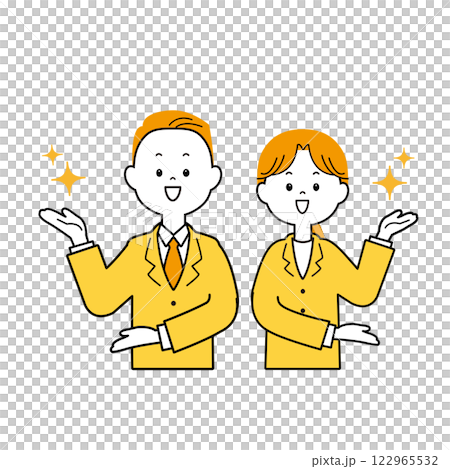 Men and women in glittering suits guiding customers, upper body 122965532