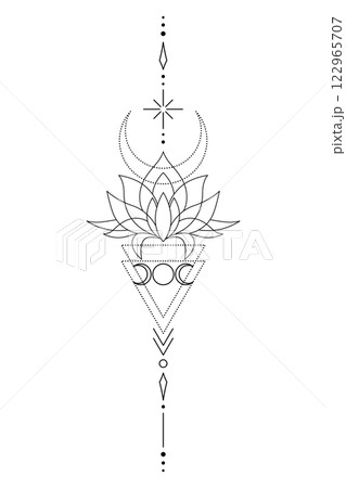 Mystic Lotus Sacred Geometry Unalome Boho Tattoo Design. 122965707