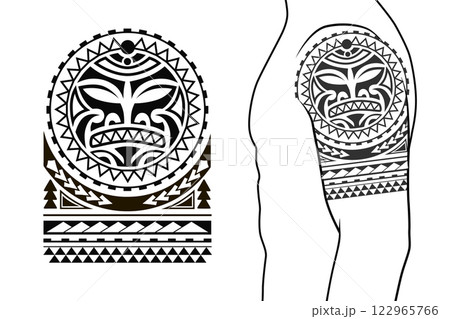 Maori tribal style tattoo pattern fit for a shoulder, arm. With example on body. 122965766