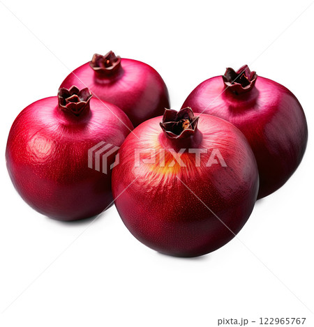 Pomegranates deep red round with a crown gently arranged in a heart formation Food and 122965767