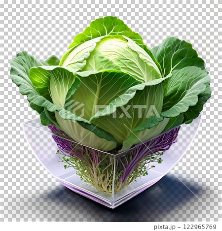 Cabbage microgreens tightly clustered in a low-profile, transparent glass plate, Cabbage microgreens tightly clustered in a low-profile, transparent glass plate, 122965769