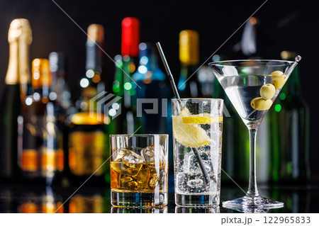 Various cocktails on a bar table 122965833