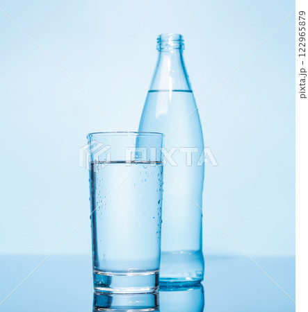 A simple and clear glass and bottle of pure water 122965879