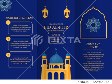 Islamic Holiday Eid Al-Fitr Social Media Brochure with Festive Cartoon Illustration 122965972