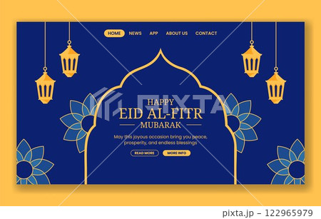 Eid Mubarak Greeting Card Social Media Landing Page with Hand-Drawn Cartoon Illustration 122965979