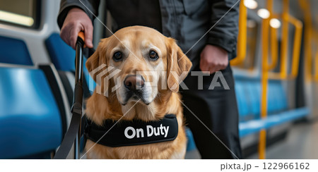 golden retriever guide dog wearing harness stands alert in subway 122966162