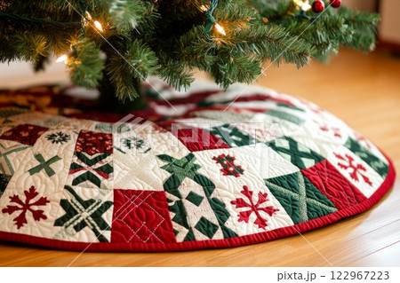 A handmade quilted Christmas tree skirt featuring red, green, and white patchwork with festive snowflakes 122967223