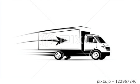 Black and white minimalist illustration of a delivery truck with motion lines and an arrow symbolizing speed 122967246