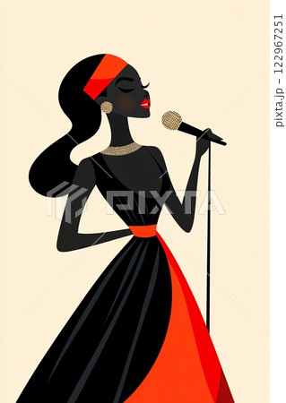 Elegant digital illustration of a jazz singer holding a vintage microphone in a minimalist style 122967251