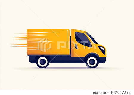 Minimalist illustration of a yellow delivery truck with motion lines, symbolizing speed and efficiency 122967252