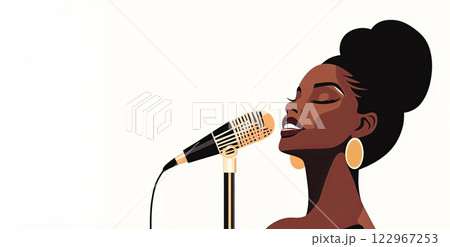Stylized digital illustration of a jazz singer with elegant earrings, holding a vintage microphone 122967253