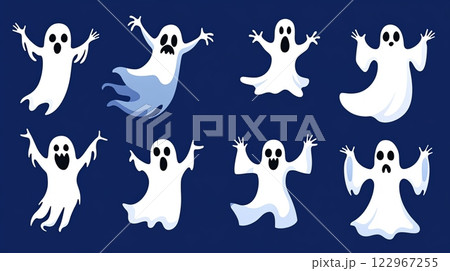 A set of playful cartoon ghosts with different spooky expressions against a dark blue background A set of playful cartoon ghosts with different spooky expressions against a dark blue background 122967255