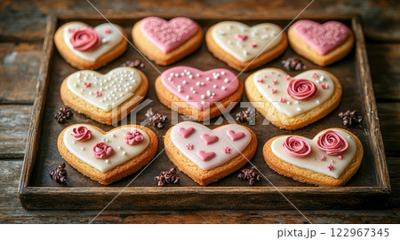 A rustic plate filled with heart shaped Valentine cookies decorated in red and white icing, adorned with intricate patterns and hearts,surrounded by festive ornaments and pine cones on a wooden table. 122967345