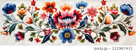 Vibrant Slovak folk embroidery displayed against a clean white backdrop 122967415
