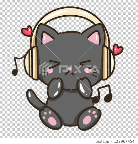kawaii black cat kitty kitten listening to music Hand drawn illustration Valentines day style  pastel color isolated on transparent background, perfect for valentines day gifts, nursery decorations 122967454